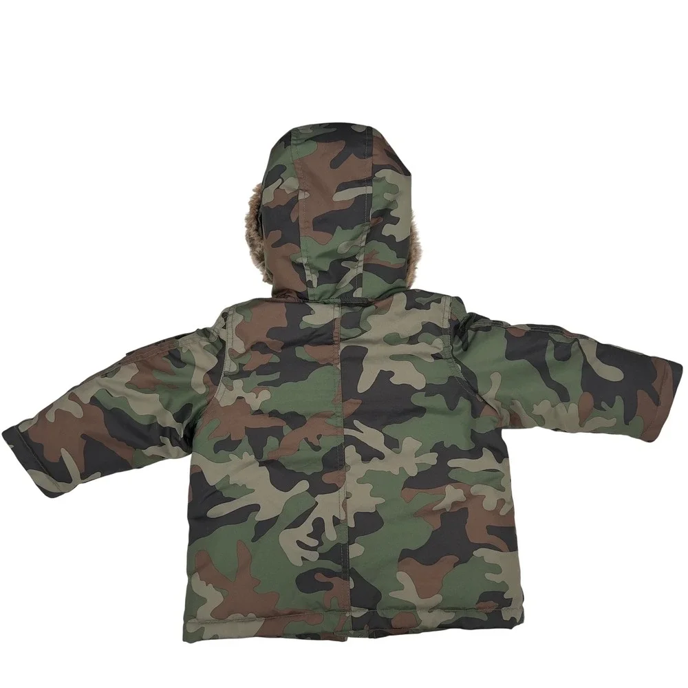 Polo Ralph Lauren Kids Parka Jacket Green Camo Faux Fur Hood Orange Lining 2/2T